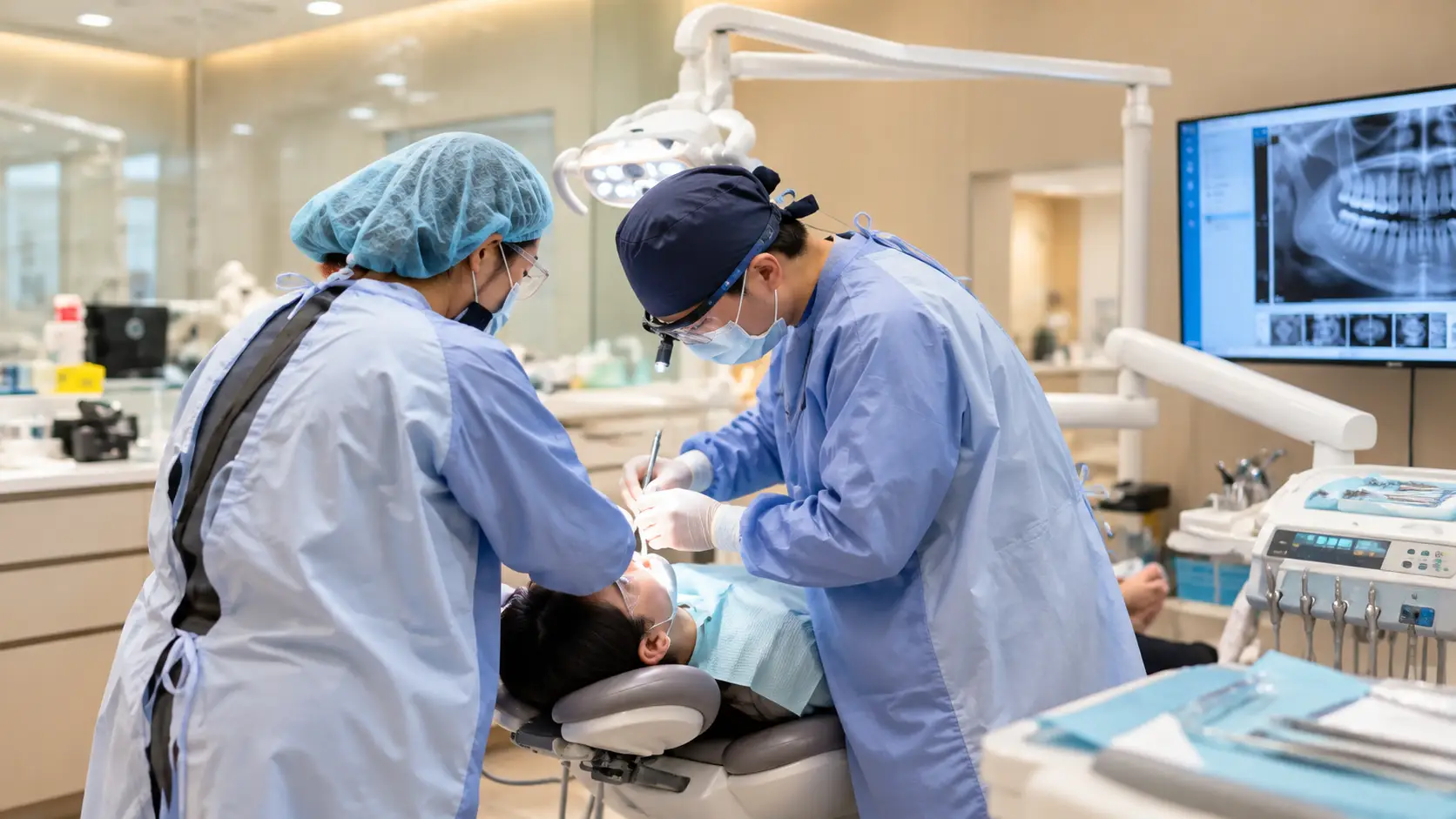 加恩牙醫團隊分工進行治療，數位影像同步顯示於螢幕