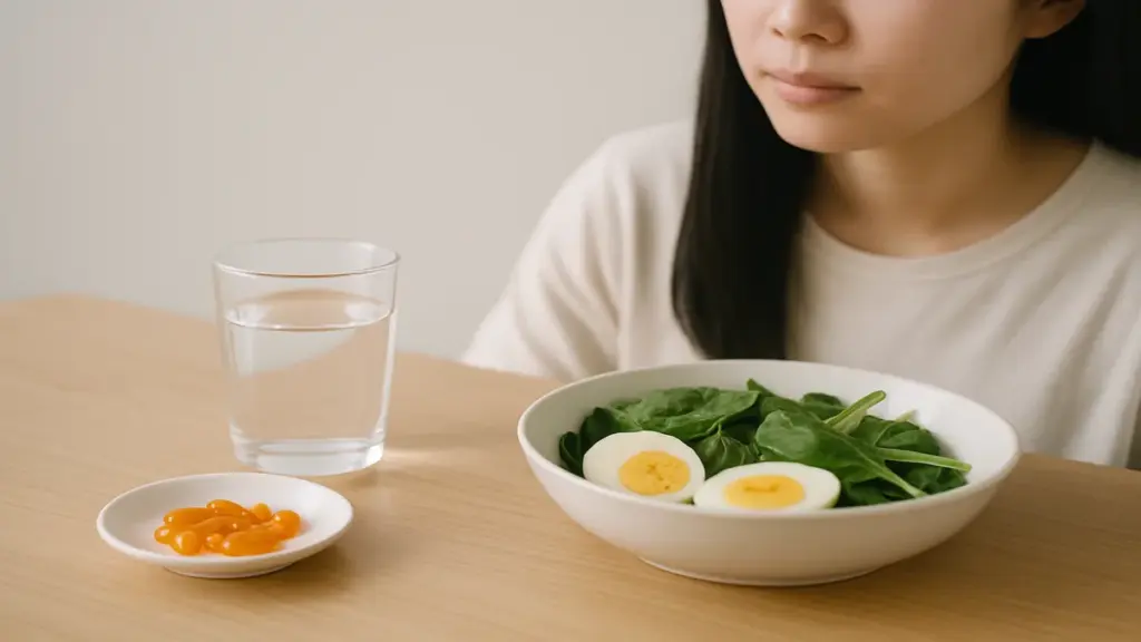 葉黃素功效：葉黃素膠囊與菠菜蛋黃餐盤